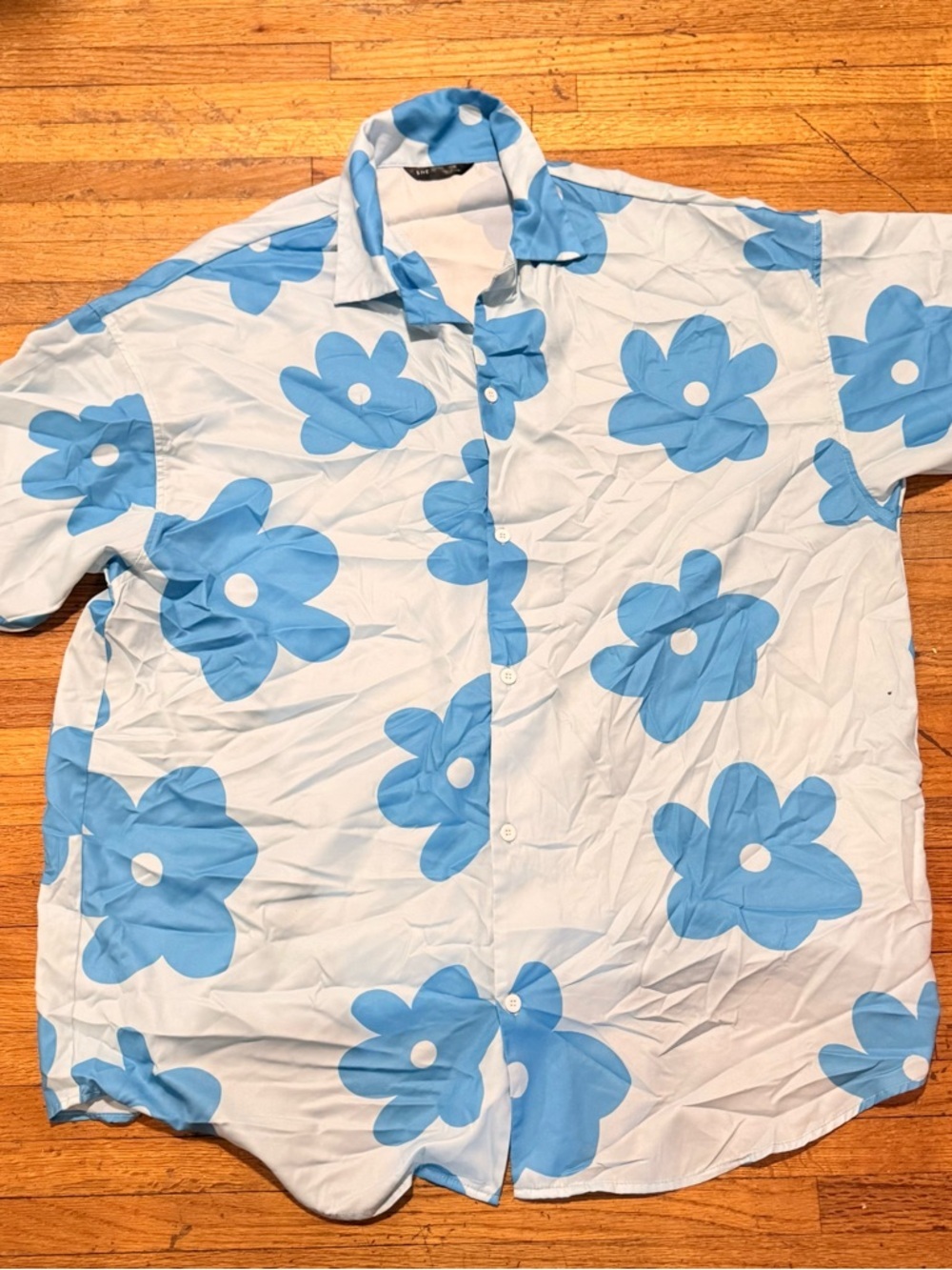 SHEIN White Button-Down Shirt with Light Blue Floral Print